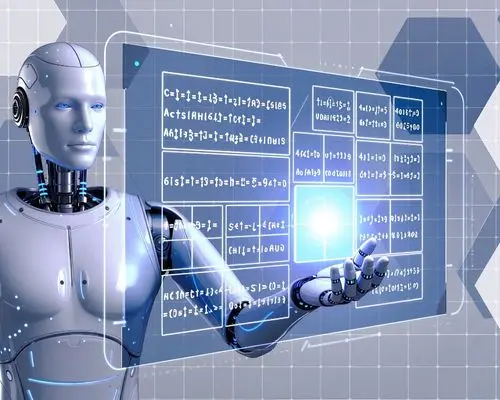 Image d'un robot humanoïde touchant un écran futuriste