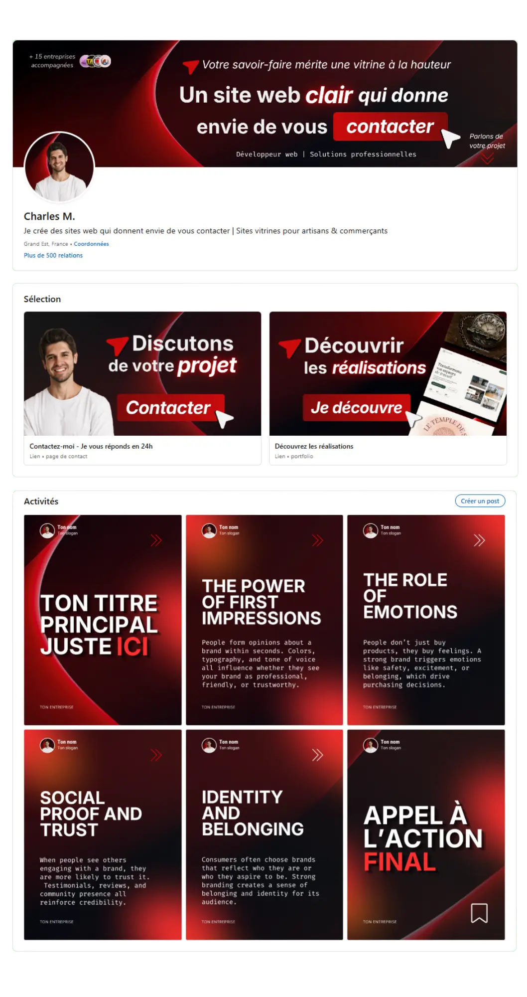 Exemple de refonte complète de profil LinekdIn - développeur web