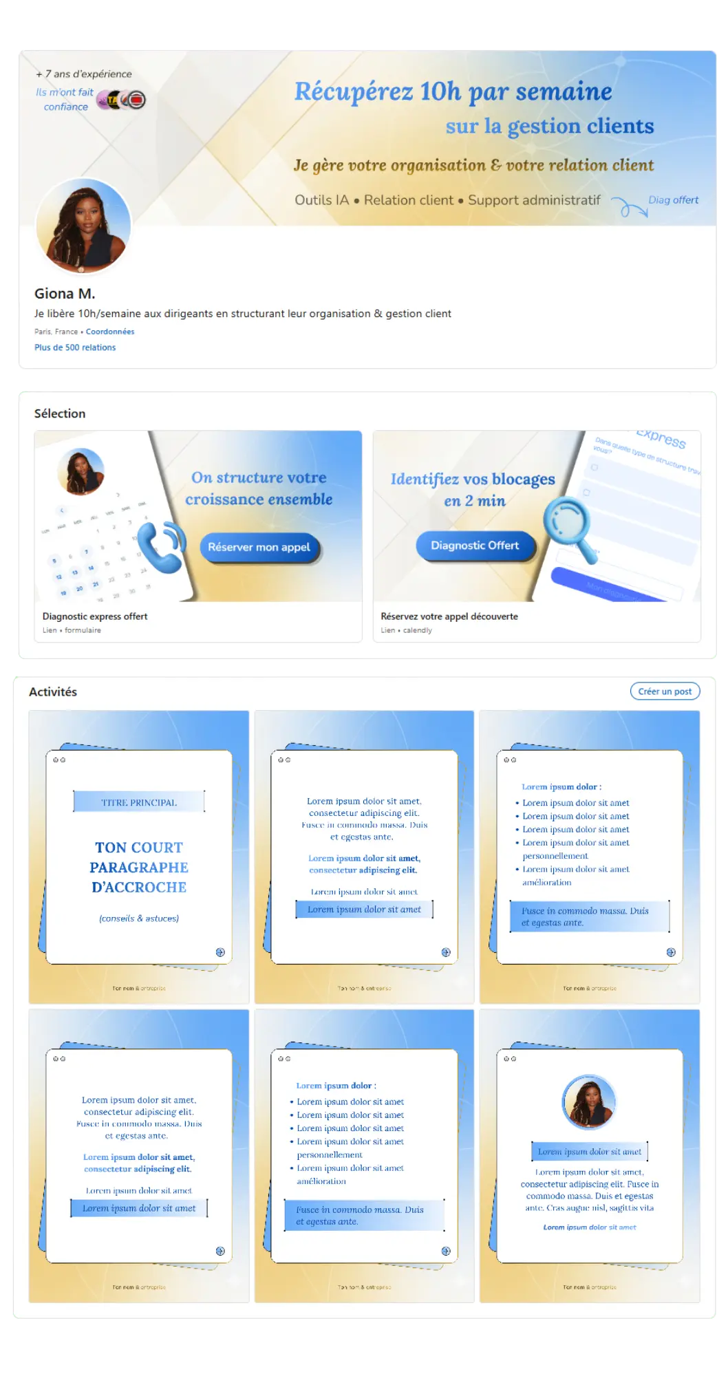 Exemple de refonte complète de profil LinekdIn + templates de contenu