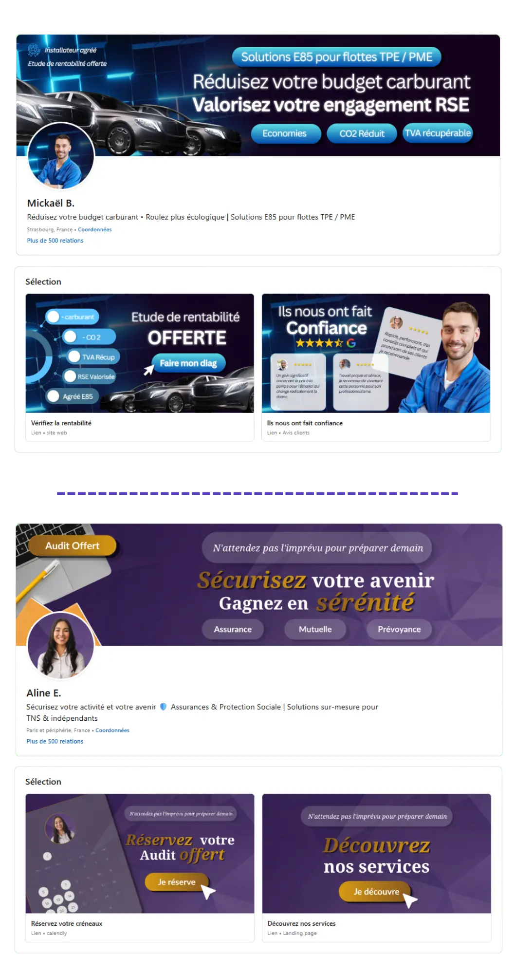 Exemples de refontes de profils LinkedIn - bannières - bio - vignettes sélection