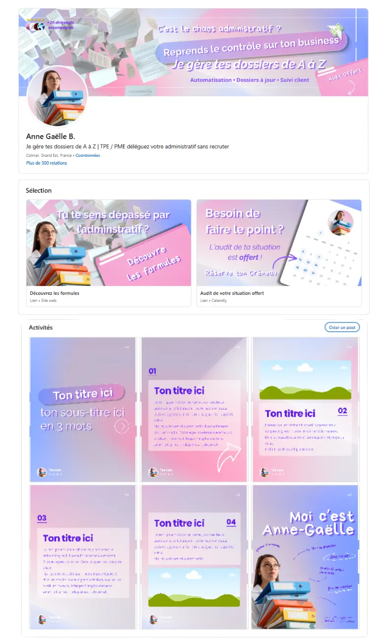 Optimisation de profil LinkedIn et ligne éditoriale stratégique pour assistante digitale en Alsace